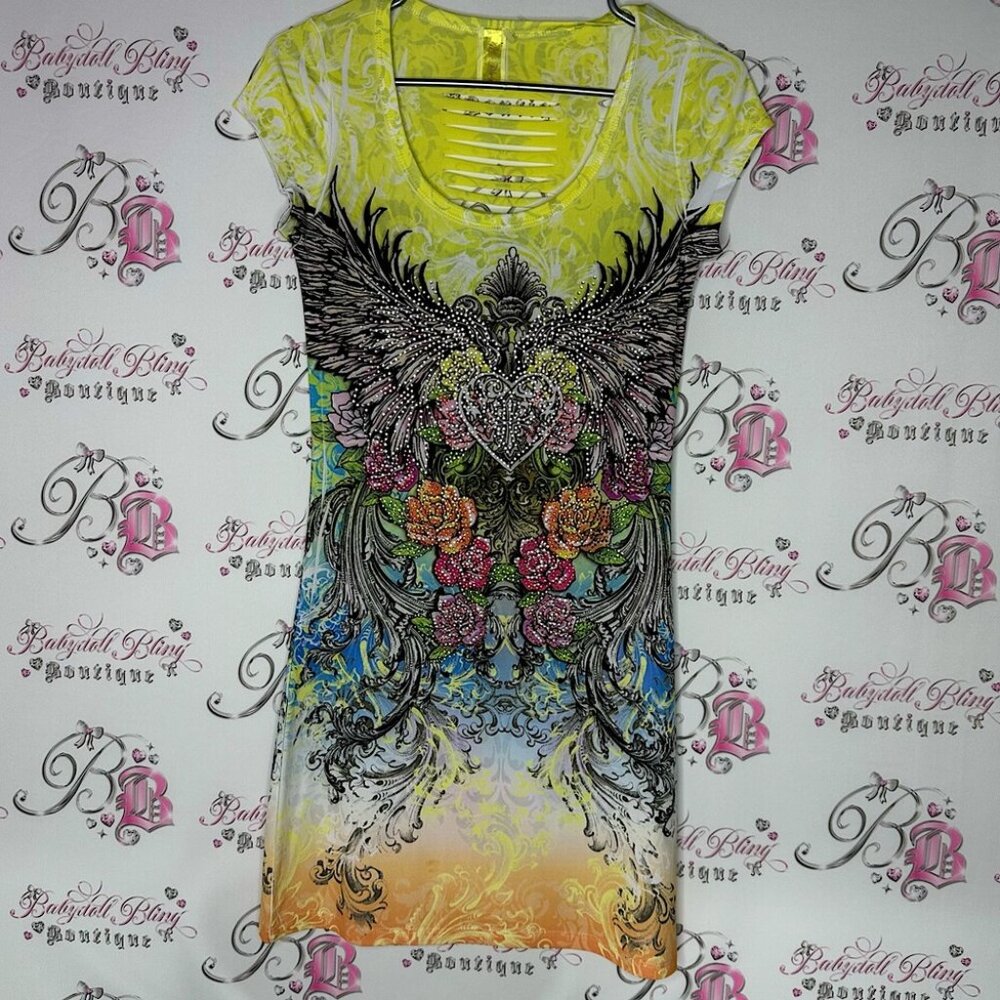 Miss pinky dress cut out bling rhinestone y2k rainbow Yellow Graphic top tattoo